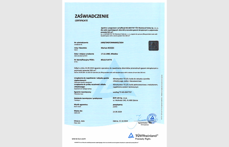 Kurs napełnienia butli i zbiorników ciśnieniowych